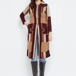 Zigo Geometric Printed Peter Pan Collar Long Sleeves Woollen Longline Cardigan Sweater-picture-30