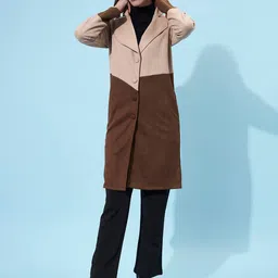 Athena Women Beige Colored & Brown Colorblocked Suede Trench Coats-picture-23