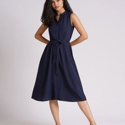 AASK Navy Blue & dark sapphire Crepe A-Line Midi Dress-image-66