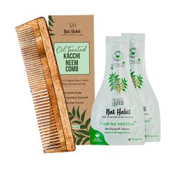 Set Of Oil Treated Kacchi Neem Comb & 2 Pcs Neem Bhringraj Fresh Hair NutriMask-46