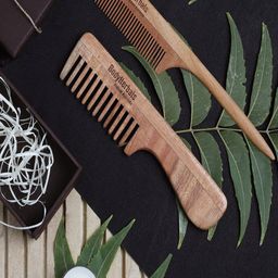 BodyHerbals Set Of 2 Anti Static Handmade Neem Wood Handle Rake & Tail Comb-5