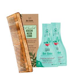 Nat Habit Set Of Oil Treated Kacchi Neem Comb & 2 Pcs Crushed TriLeaf Fresh Hair NutriMask-33