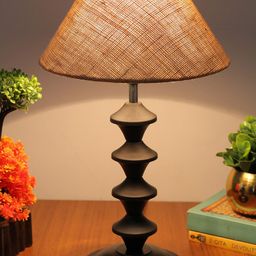 Homesake Brown & Black Matte Finish Pillar Shaped Table Lamp With Textured Jute Lampshade-33