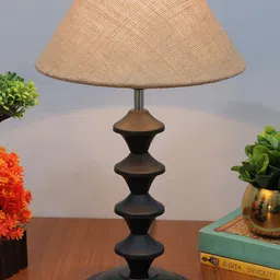 Homesake Brown & Black Matte Finish Pillar Shaped Table Lamp With Textured Jute Lampshade image 5