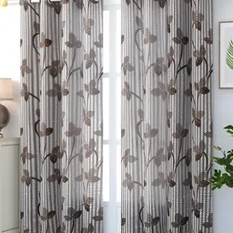COMFY HOME Brown & White 2 Pieces Floral Sheer Door Curtains-46