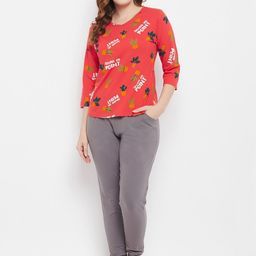 Clovia Women Cactus & Typography Print Pure Cotton Night Suit-image-14