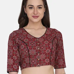 THE WEAVE TRAVELLER Women Maroon & Black Printed Readymade Cotton Saree Blouse-picture-27