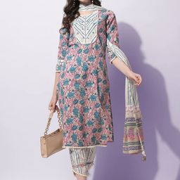 KALINI Women Plus Size Cream-Coloured Ethnic Motifs Printed Pure Cotton Kurta Set-picture-10