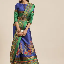 SERONA FABRICS Blue & Green Embellished Kutchi Embroidery Silk Cotton Saree-picture-36