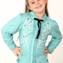 Cherry Crumble Girls Mint Green Regular Fit Floral Embroidery Cotton Top-picture-23