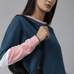Roadster Women Navy Blue Extended Colourblocked Sleeves Pure Cotton T-shirt-image-11