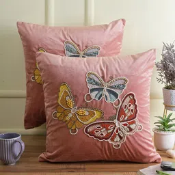 eyda Set Of 2 Pink & Yellow Embellished Velvet Square Cushion Covers-30