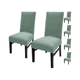 HOUSE OF QUIRK Green 6 Pieces Leaf Textured Jacquard Stretch Removable Chair Covers-image-32