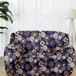 Cortina Navy blue & Beige Printed 1-Seater Stretchable Non-Slip Sofa Slipcover-5