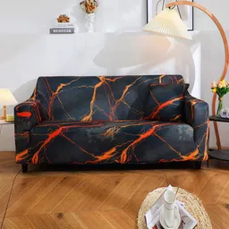 HOUSE OF QUIRK Grey & Orange Printed Single Seater Non-Slip Sofa Cover-image-22