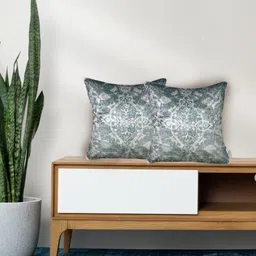 Tasseled Home Grey & Off White 2 Pieces Ethnic Motifs Printed Velvet Square Cushion Covers-picture-0