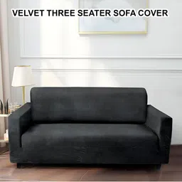 Cortina Grey Velvet Stretchable Three Seater Sofa Cover With Arms-image-57