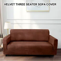 Cortina Brown Velvet Stretchable Three Seater Sofa Cover With Arms-image-56