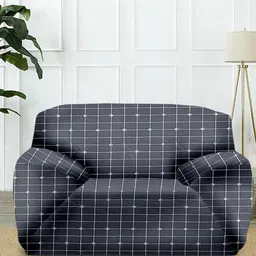 Cortina Grey & White Checked Printed Stretchable 1-Seater Sofa Cover-image-57