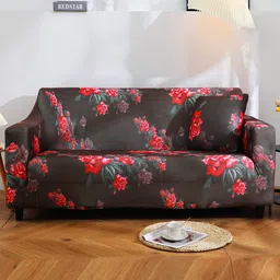HOUSE OF QUIRK Brown & Red Floral Printed 1-Seater Sofa Cover-image-88