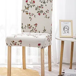 HOUSE OF QUIRK Cream-Coloured Floral Printed Removable Chair Cover-14