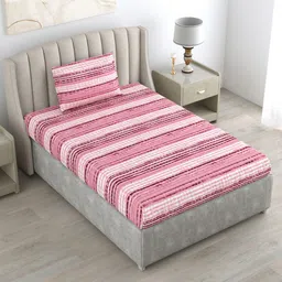 DREAM WEAVERZ Pink Striped Pure Cotton 220 TC Single Bedsheet With 1 Pillow Cover-image-96