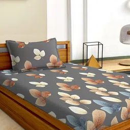 Aura Grey & Brown Floral 180 TC Single 120 GSM Bedsheet with Pillow Cover-image-30