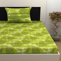 Divine Casa Green & White Floral 144 TC Single Bedsheet with 1 Pillow Covers-image-63