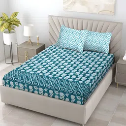 Aura Teal & White Floral 120 TC Cotton King Bedsheet With2 Pillow Covers-image-39