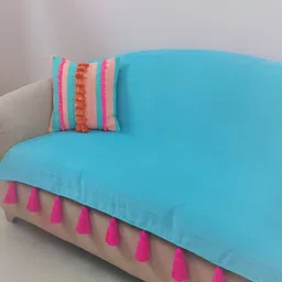 THROWPILLOW Turquoise Blue & Pink Anti Slip Tassels 4 Seater Sofa Cover-image-37