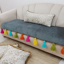 THROWPILLOW Grey & Green Anti Slip Tassels 4 Seater Sofa Cover-20