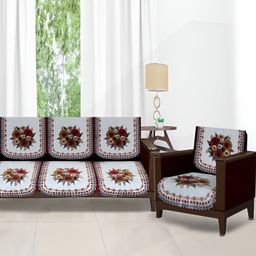 Stylista Red & White 10 Pieces Floral Printed Velvet Cotton 5 Seater Sofa Cover-54