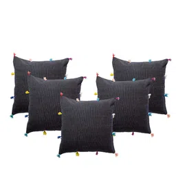 Contrast Living Black & Yellow 5 Pieces Striped Cotton Square Cushion Covers-picture-22