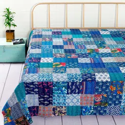 HANDICRAFT PALACE Blue Patchwork Kantha Embroidered Double Queen Bed Cover-image-11