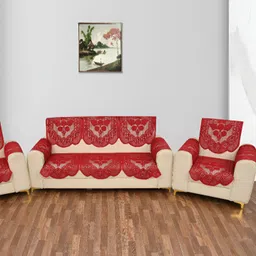 BIGGER FISH Maroon 16 Pieces 5 Seater Self Design Sofa Cover With Arms-image-36