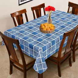 OASIS Blue & White Checked Printed Cotton Rectangular Shaped 6 Seater Table Cover-4