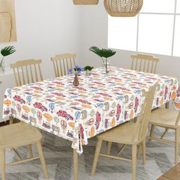 EverHOME White & Orange Printed Cotton 4 Seater Table Cover-1