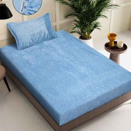 KLOTTHE Blue 300TC Woollen Fitted Single Bedsheet With Pillow Cover-image-33