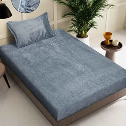 KLOTTHE Grey 300TC Woollen Fitted Single Bedsheet With Pillow Cover-image-57