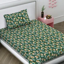 FABINALIV Green & Brown Cartoon Characters 300 TC Single Bedsheet with 1 Pillow Covers-23