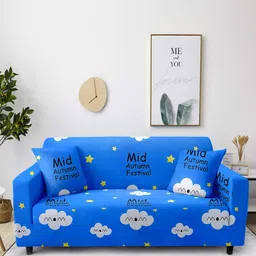 Cortina Blue Printed 2 Seater Stretchable Non-Slip Sofa Cover-image-42
