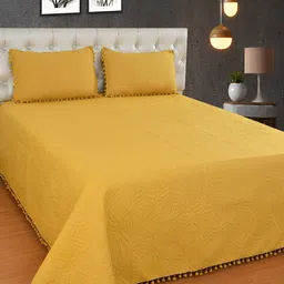 BREVARD Mustard Yellow Self Designed Queen Size Bed Cover with 2 Pillow Covers-image-68