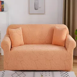 HOUSE OF QUIRK Orange Self Design Jacquard Stretchable Double Seater Sofa Cover With Arms-picture-1