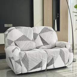 HOKIPO White & Grey 2 Seater Geometric Printed Stretchable Sofa Cover With Arms-image-47