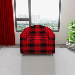 DREAM CARE Red & Black Checked One Seater Stretchable Sofa Slipcover With Foam Sticks-3