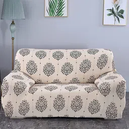 HOUSE OF QUIRK Cream-Colored & Brown Printed Stretchable Single-Seater Sofa Slipcover-20