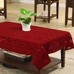 MONKDECOR Maroon Floral 2 Seater Cotton Rectangle Embellished Table Cover-image-49