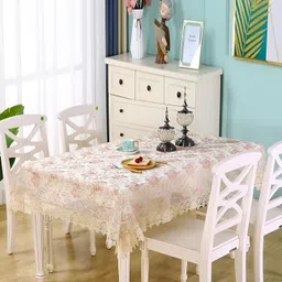 MONKDECOR Pink Floral Embroidered 6-Seater Rectangle Table Cover-13