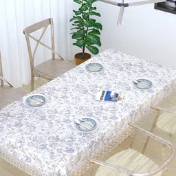 MONKDECOR White & Blue Floral Printed Cotton 6 Seater Table Cover With Lace Details-18