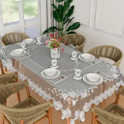 Kuber Industries White & Transparent Floral Printed Waterproof 6 Seater Table Cover-16
